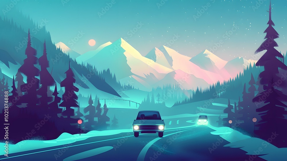 Poster Mountain Road Night Illustration with Cars