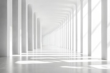 White Architectural Corridor with Curved Pillars and Sunlight