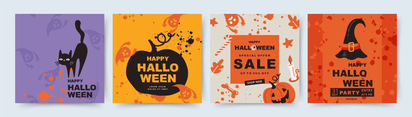Happy Halloween set of cute vector cards or party invitations with funny ghosts, bats, pumpkins. Trendy design for cover, sale banner, party invitation, flyer, advertisement, social media background