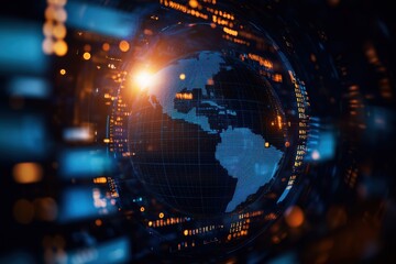 Obraz premium Globe with digital data streams, illuminated by bright light, on dark background.