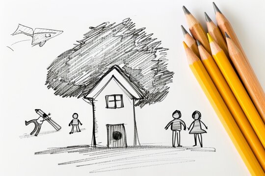 Sketch of a house with pencils and stick figures
