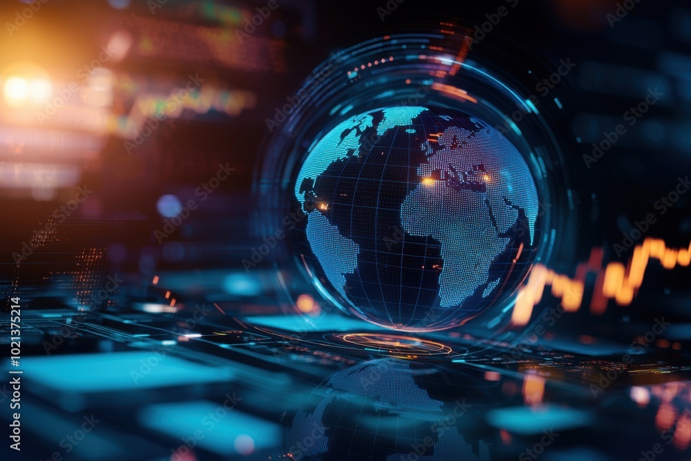 Poster glowing globe on digital interface with data trends and abstract lighting.