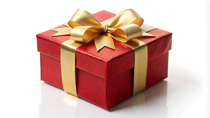 Obraz premium Elegant Red Gift Box with Golden Ribbon on White Background with Copy Space 
