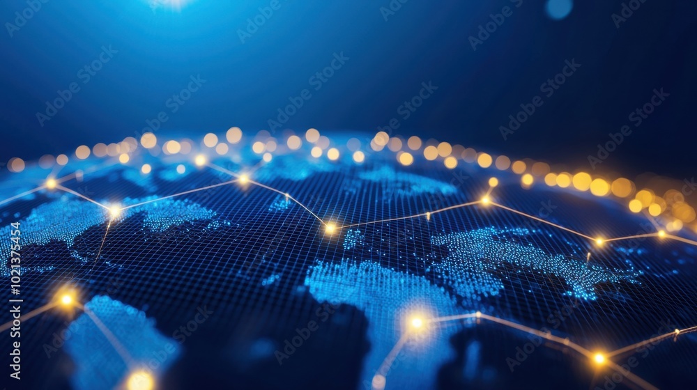 Poster high-tech global network representation with glowing connections.
