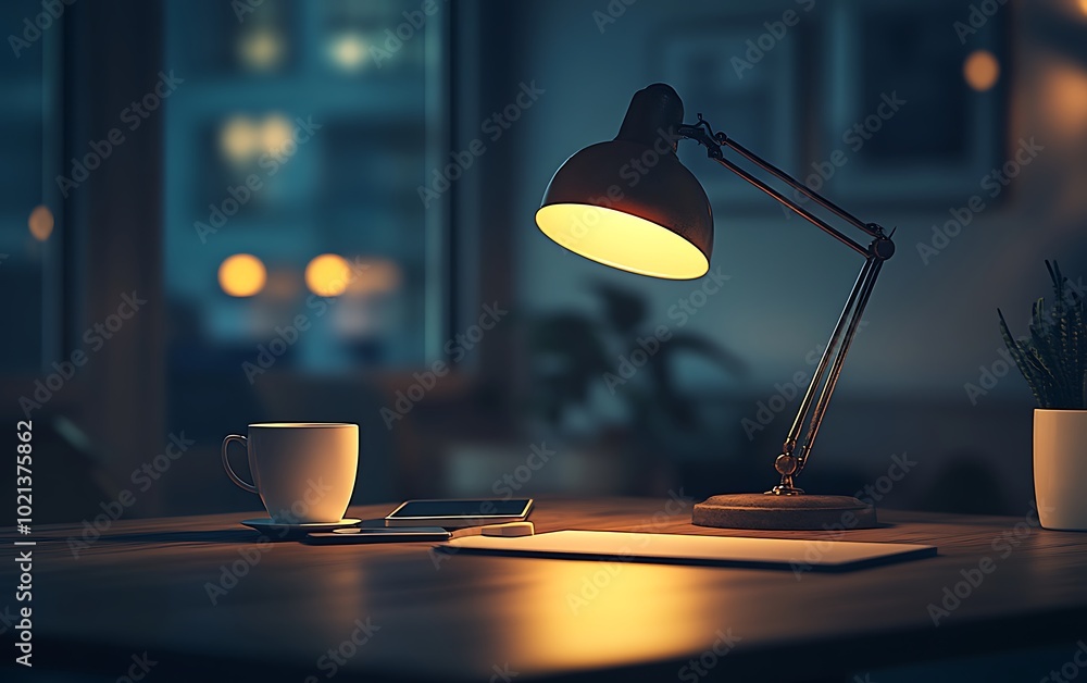 Aufkleber a cozy workspace at night, featuring a desk lamp illuminating a cup and papers, creating a warm and 