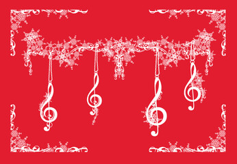 treble clef decorated with frozen snowflakes - classical music symbol and frame border vector design set for winter season postcard
