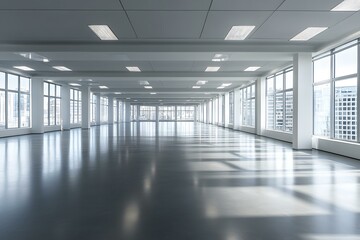 Fototapeta premium Empty Modern Office Space with Large Windows and Bright Lighting