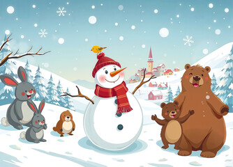 A snowman, dressed in a red scarf and hat, stands in a snowy landscape, accompanied by a bear, rabbit, and bird, with a village and church in the background.