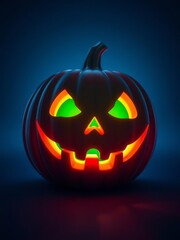 Fototapeta premium Glowing neon jack-o'-lantern with bright green and orange tones deep blue gradient backdrop halloween backdrop