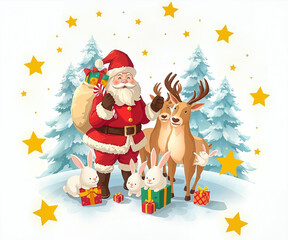 Fototapeta premium The image depicts Santa Claus holding a sack of gifts, standing in a snowy landscape with reindeer and rabbits, and surrounded by presents and stars.
