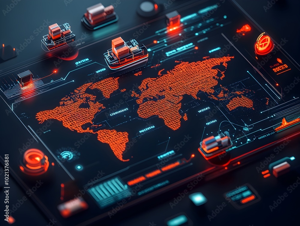 Poster ai driven logistics control center with holographic world map projecting real time supply chain data