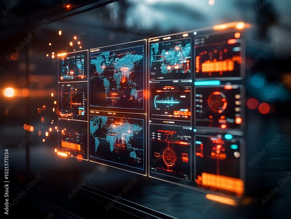 Poster futuristic command center with multiple display screens mapping worldwide import export logistics an
