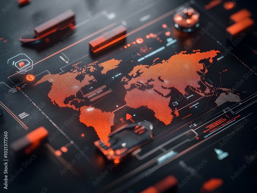 Poster holographic logistics control center projecting supply chain data and optimizing global delivery acr