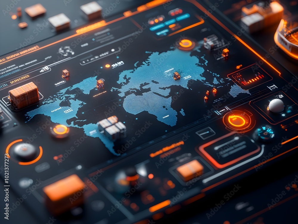 Poster futuristic ai driven logistics command center projecting holographic world map and supply chain data