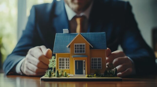 A businessman examines a miniature house model, symbolizing real estate investment.