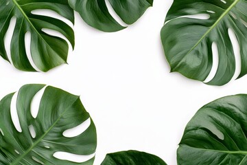 Tropical leaves framing a white background, watercolor style with vibrant green tones, perfect for summer invitations, nature-themed designs, or eco-friendly branding