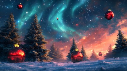Fototapeta premium snow-covered trees, and a vibrant aurora lighting the sky.