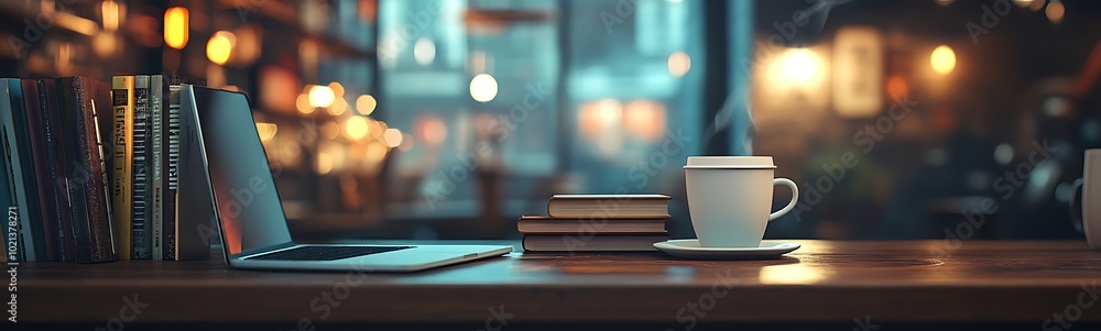 Aufkleber a cozy workspace with a laptop, coffee cup, and stacked books, illuminated by warm lights, creating 