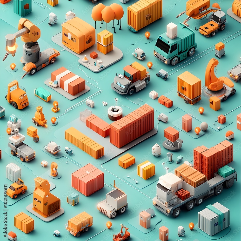 Poster streamlined global logistics cutting edge 3d visualization of automated distribution hubs efficient 