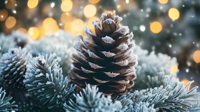 Close-up of a pinecone adorned with frost, surrounded by snowy greenery and glowing holiday lights, perfect for capturing the peaceful beauty of winter. Video made using Generative AI
