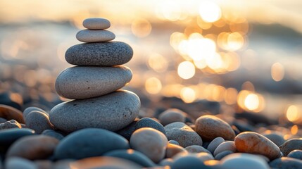 A stack of smooth stones on a beach, with a blurred sunset and bokeh effect in the background.