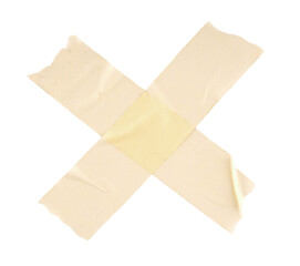 adhesive yellow paper tape piece with torn edges in an X shape isolated on a transparent background