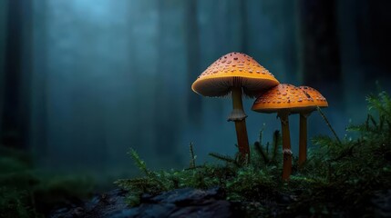 Fototapeta premium Magical mushrooms growing in a mystical, fogcovered swamp