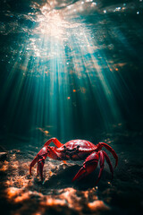Crab in the Sea. Crab Sitting Underwater. Ocean and Light. Generative AI