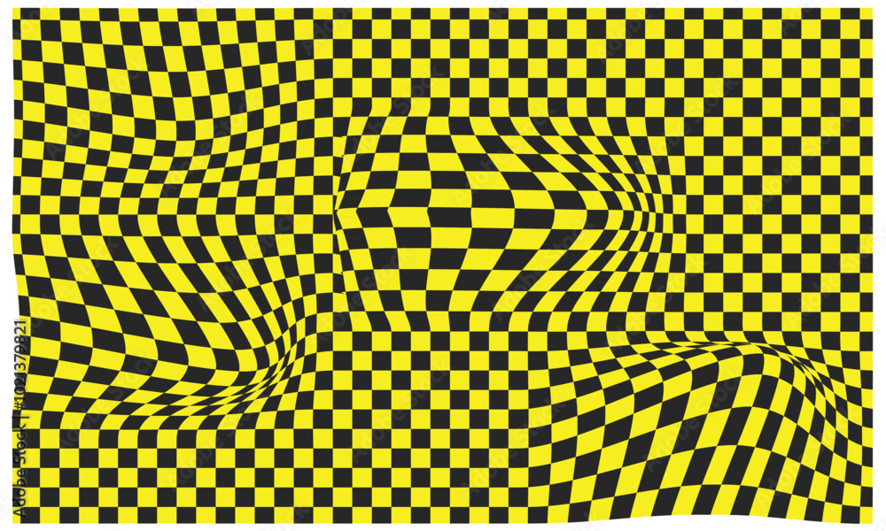 Poster psychedelic checkerboard background with warped wavy grid tile. twisted checkered seamless geometric