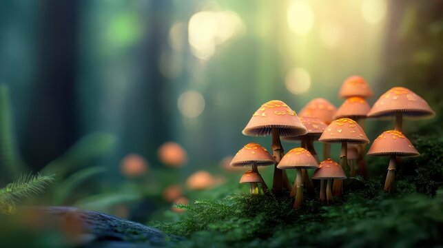 Vibrant mushroom clusters in a lifelike enchanted forest setting