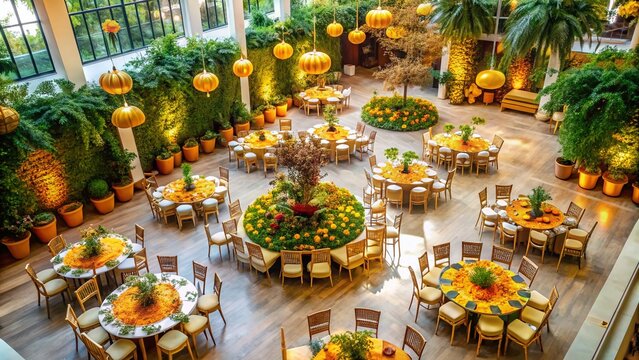 Elegant marigold event space featuring vibrant decor, natural lighting, and spacious seating arrangements