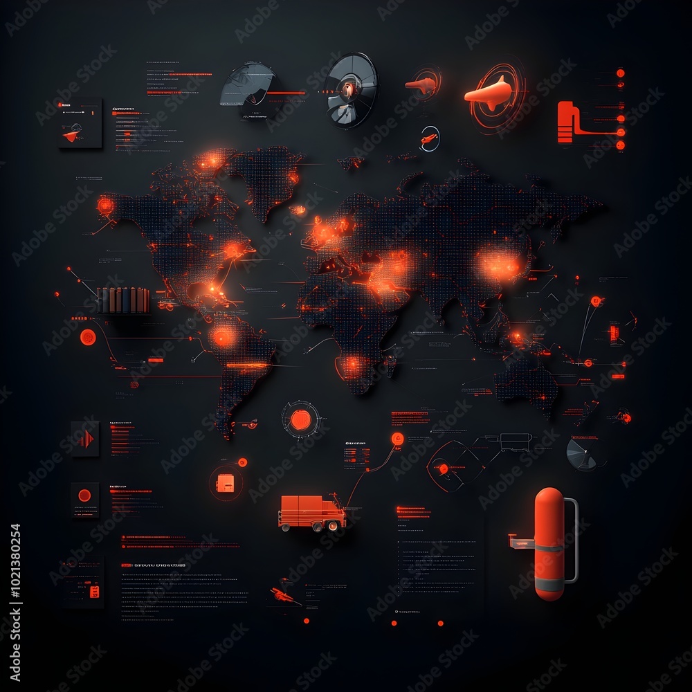 Poster a cutting edge international logistics system featuring abstract world map visualizations dynamic ov