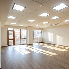 Fototapeta premium Empty Office Space With Large Windows and Sunbeams