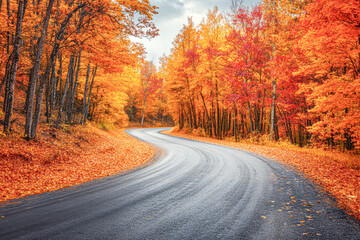 Naklejka premium Autumn Serenity Cinematic Drive Through Colorful Forest with Mountain View