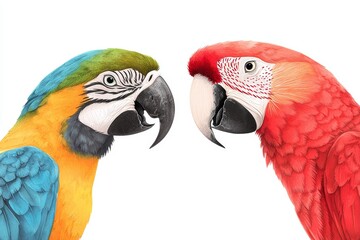 Watercolor illustration of colorful parrots, featuring macaws and cockatoos, ideal for travel-themed artwork, exotic branding, or jungle-inspired decor