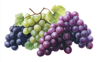 Fototapeta premium Watercolor illustration of purple and green grape clusters, vibrant and detailed, perfect for vineyard designs, organic food branding, or natural product packaging
