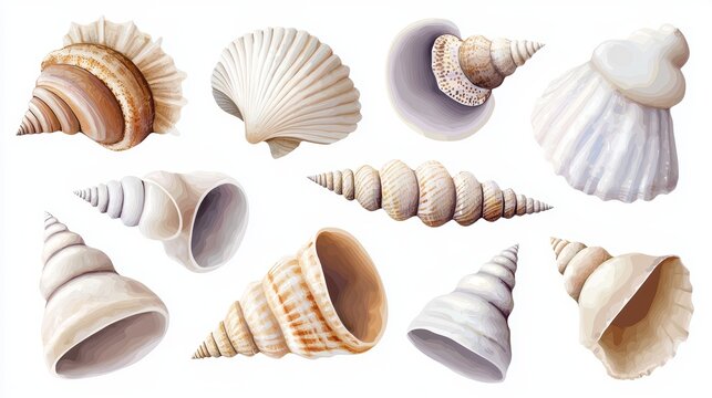 Watercolor seashells collection in soft earthy tones, perfect for beach-themed decor, coastal art, or ocean-inspired illustrations