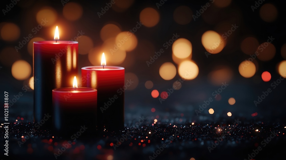 Poster three red candles lit on a dark, sparkly background with soft bokeh lights.