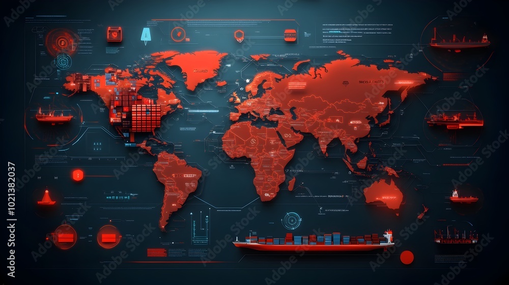Poster cutting edge system overseeing efficient global logistics and trade networks with detailed world map