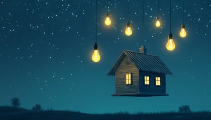 Fototapeta premium Floating house illuminated by hanging lights against a starry night sky, evoking a sense of tranquility and dreamlike wonder.