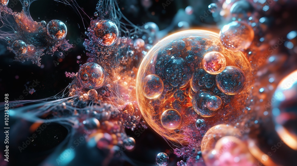Poster colorful abstract representation of microscopic life forms and cells in a vibrant environment showca