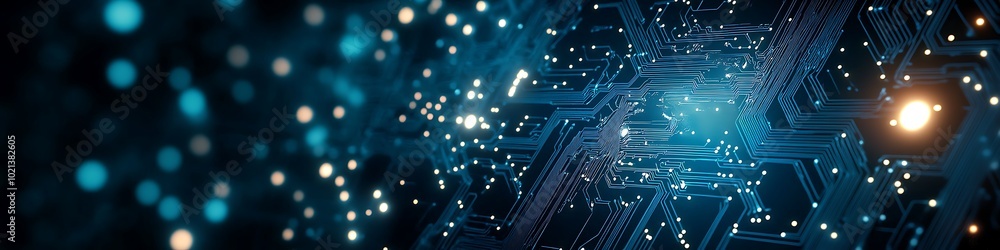 Poster a dynamic, abstract circuitry pattern with a large dark area for text