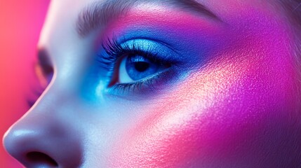 Exploring Vibrant Colors in Glamour Makeup With Neon Highlights and a Close-Up View of Captivating Eyes