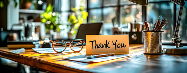 Card on a table, which says, thank you. Gratitude.