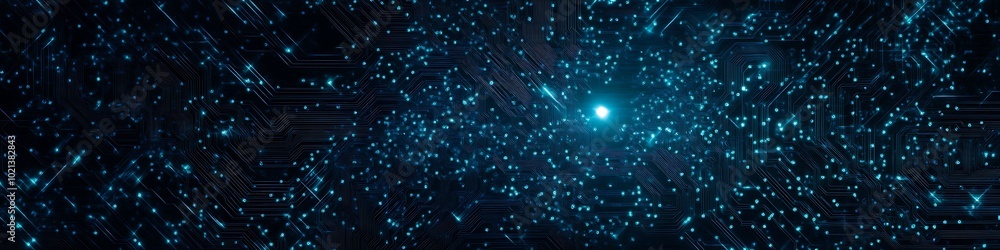 Poster a dynamic, abstract circuitry pattern with a large dark area for text