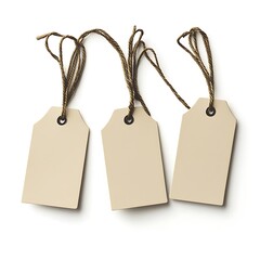 Three blank tags with strings, suitable for labeling or pricing items.