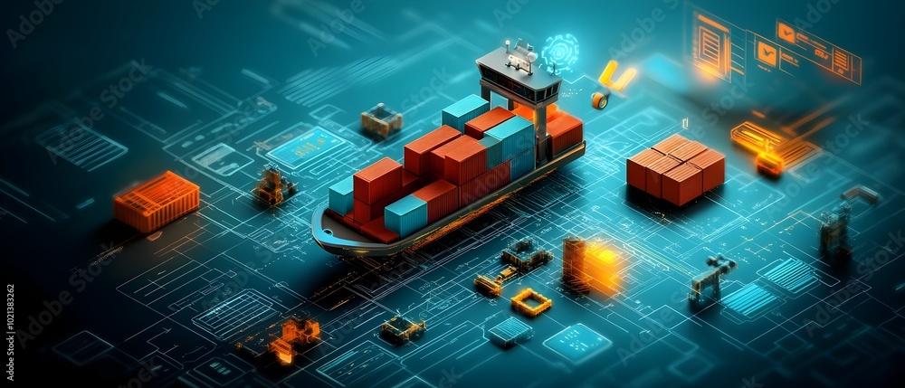 Poster efficient global logistics orchestrated by advanced ai with container ships cargo planes and sprawli