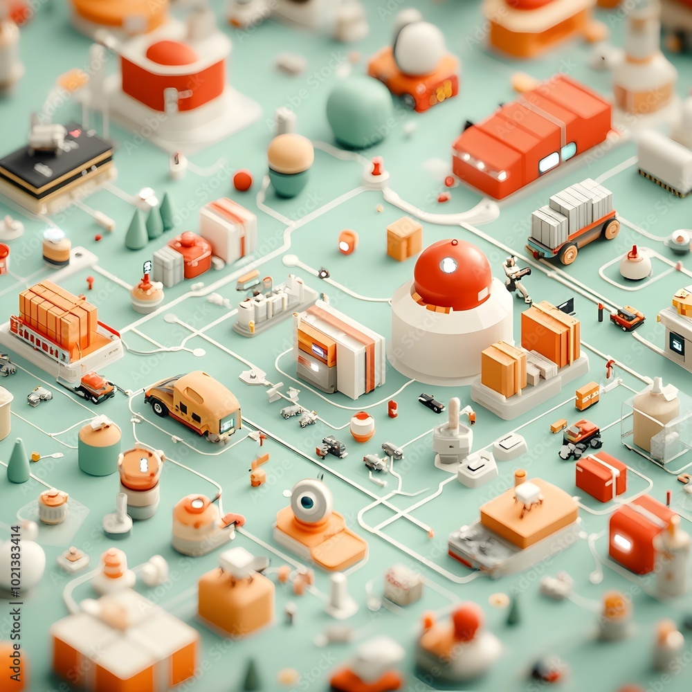 Poster Futuristic AI Powered Logistics Hub A 3D Visualization of Streamlined Worldwide Distribution Channels Shipping Routes and Delivery Timelines with Robotic Package Handlers and Autonomous Fleet