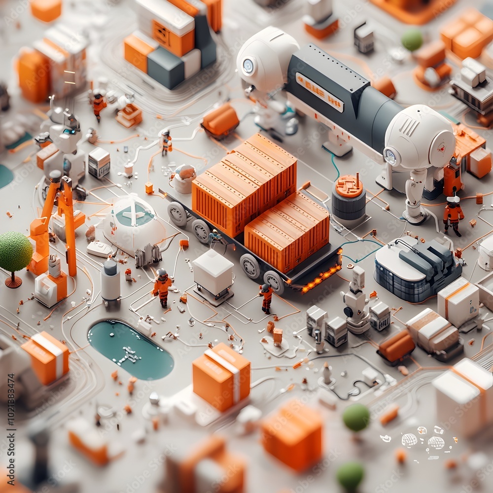 Poster futuristic ai powered logistics hub with a bustling 3d visualization of worldwide distribution chann