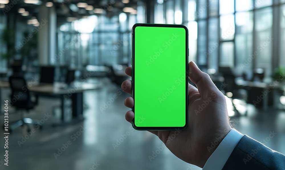 Poster a hand holds a smartphone with a green screen, set against a modern office background featuring larg